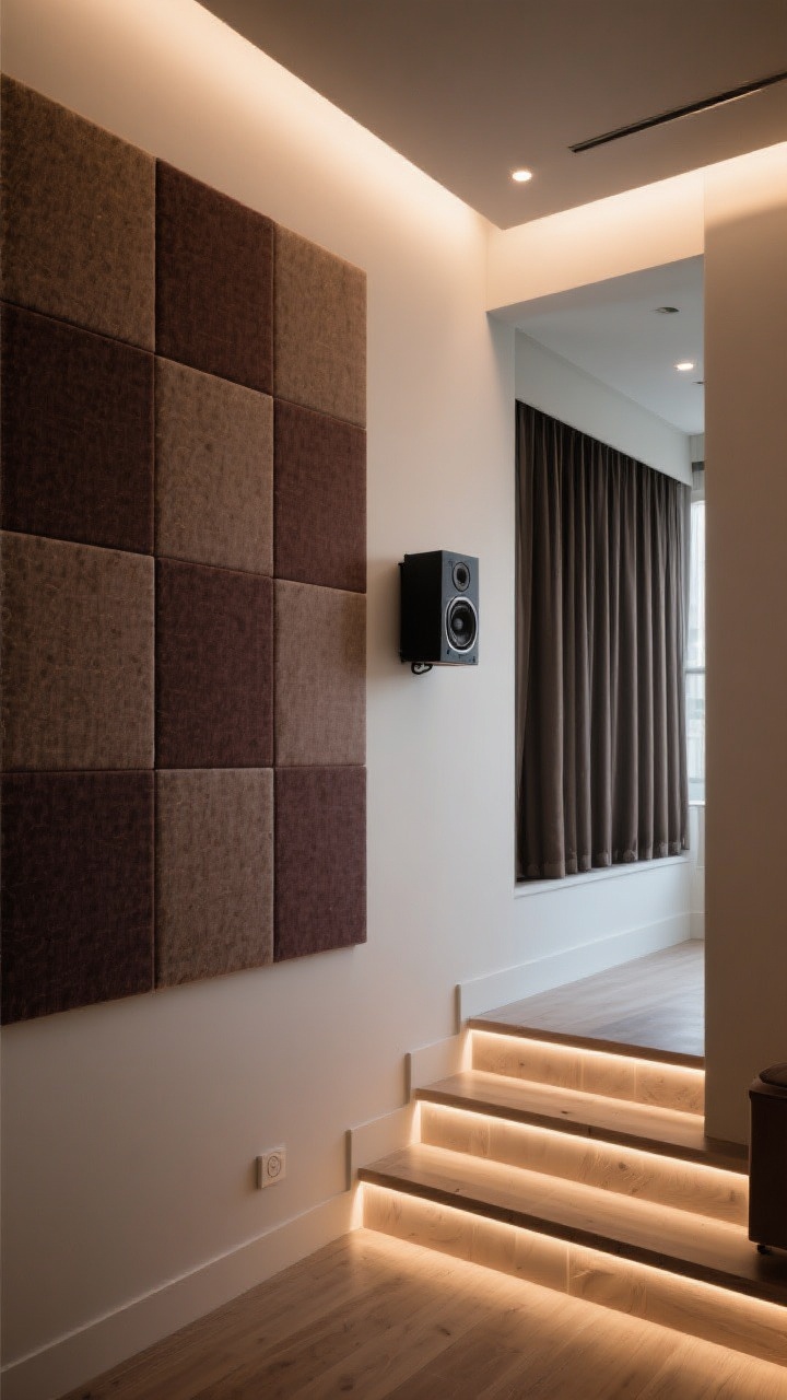 1 surround speakers wall-mounted, decorative acoustic panels in rich fabric, blackout shades pulled down, dimmable recessed lights off with subtle LED strip lighting under riser steps and along baseboards, photorealistic, straight-on view.