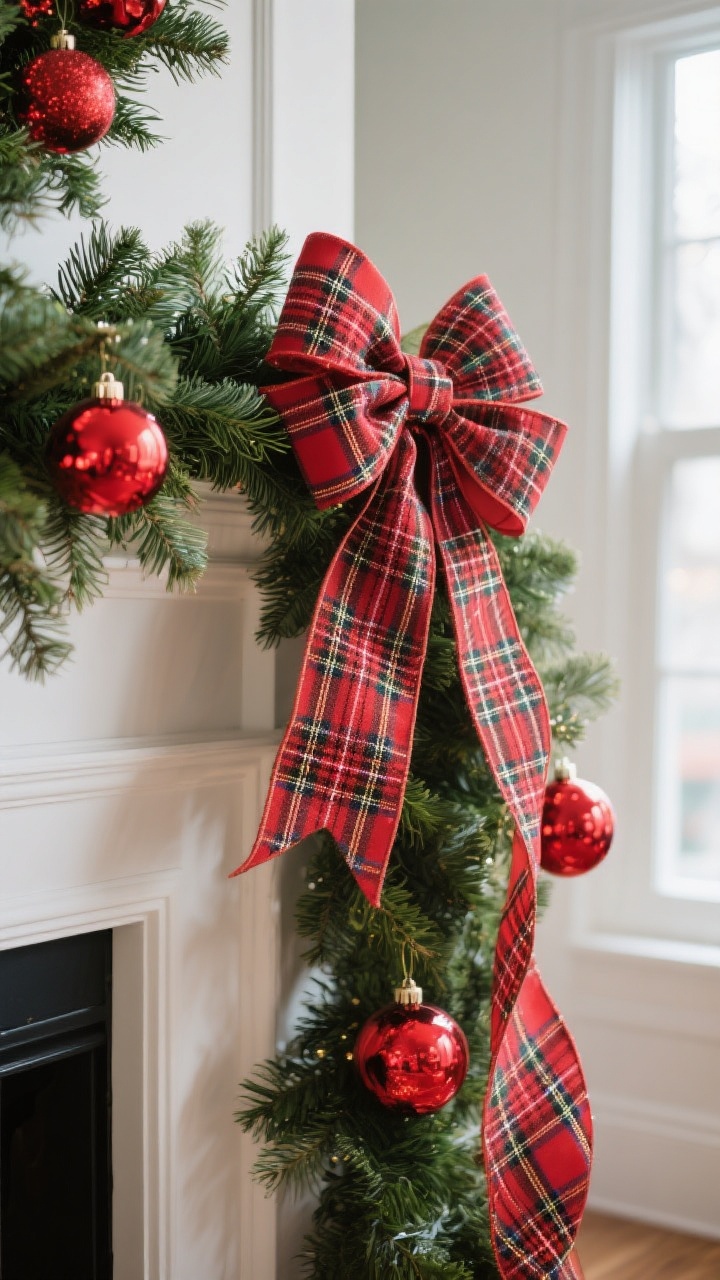 5–3-inch wired plaid ribbon pattern used throughout, forming oversized bows with long tails draping over the sides. A few shatterproof red ornaments tucked deep within the greenery to add sparkle without clutter. Vibrant, classic Christmas palette; cheerful daylight with subtle reflections on ornaments; cohesive plaid motif.