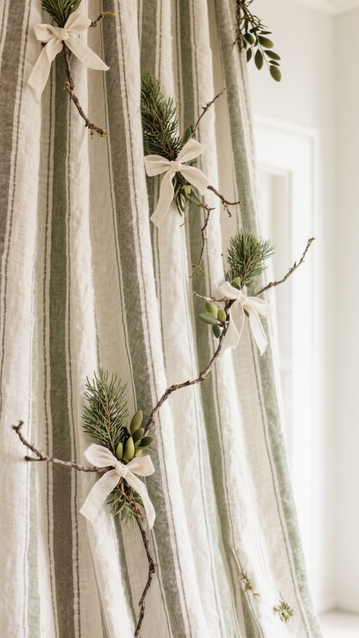 5–4 inch) in linen and cotton ticking stripe, taupe and moss tones, dropped in loose vertical cascades; a few sparse micro bows are tied on branch tips. Add a few trios of faux cedar and olive sprigs to fill gaps in clustered inserts. Warm white lighting; textures are matte and organic, with natural movement—no stiff or shiny finishes.
