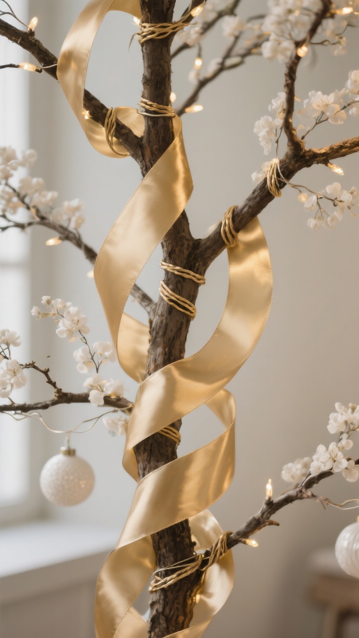 5 inch accent ribbon in gold/champagne. The ribbons are woven into the branches from the top, tucked every 10–12 inches to create soft billowing loops, with subtle floral wire securing ends invisibly. Include a lightly twisted unwired ribbon creating soft custom-looking loops. Warm white tree lights provide a soft glow. Background is neutral and unobtrusive, no ornaments stealing focus—emphasis on the flowing ribbon “painted” effect. Photorealistic, clean designer styling.