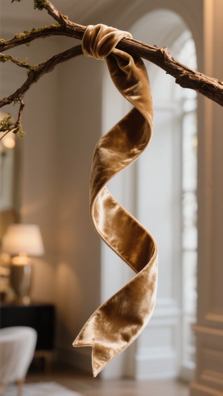 5-inch), velvet layered over satin for cozy glam texture; gentle S-curves flow from top to bottom with ends tucked deep into branches; warm indoor lighting accentuating the ribbon sheen, photorealistic.
