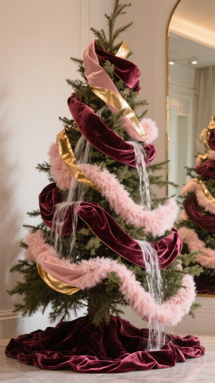 5-inch velvet ribbons in blush and berry cascading in loose waves from near the top, discreetly secured, with a thin metallic gold ribbon threaded alongside for a luxe accent. Avoid candy-cane wrapping; show modern waterfalls and gentle swoops around the whole tree, including the back edge visible in a mirror or reflection for continuity. Soft, warm ambient lighting that highlights the plush velvet texture and the flocking; photorealistic detail of the velvet pile and subtle shadows in the branches.