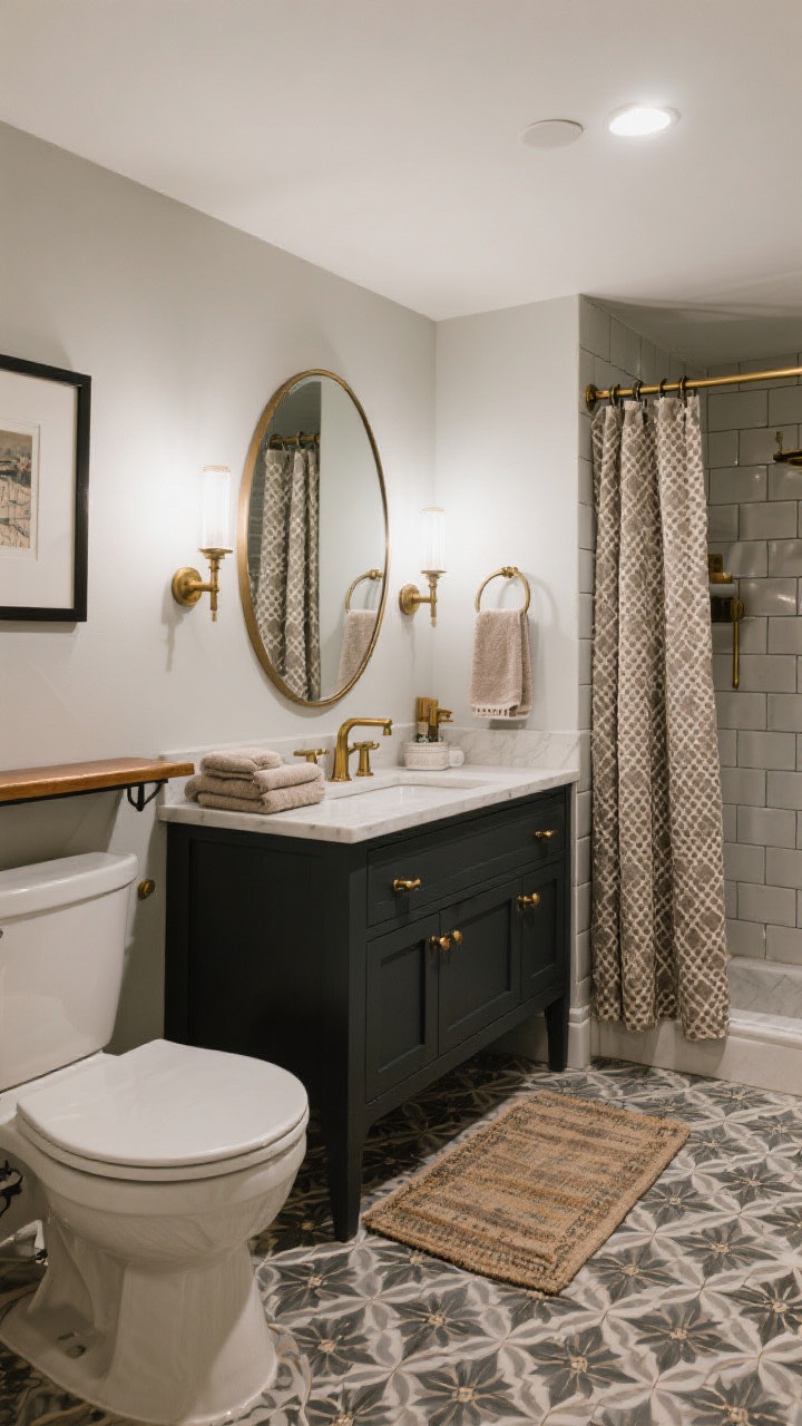 A boutique-hotel-style wide shot of a finished basement bathroom: hardware harmony in brushed brass or matte black (one metal per zone), a statement arched or pill-shaped mirror above the vanity, and one bold accent—either a patterned floor, a moody painted vanity, or a vertical feature-tile wall. Layer in upscale textiles: plush towels on a bar, a waffle shower curtain, and a small vintage rug with a rubber pad. Include framed humidity-safe art for a polished final touch.
