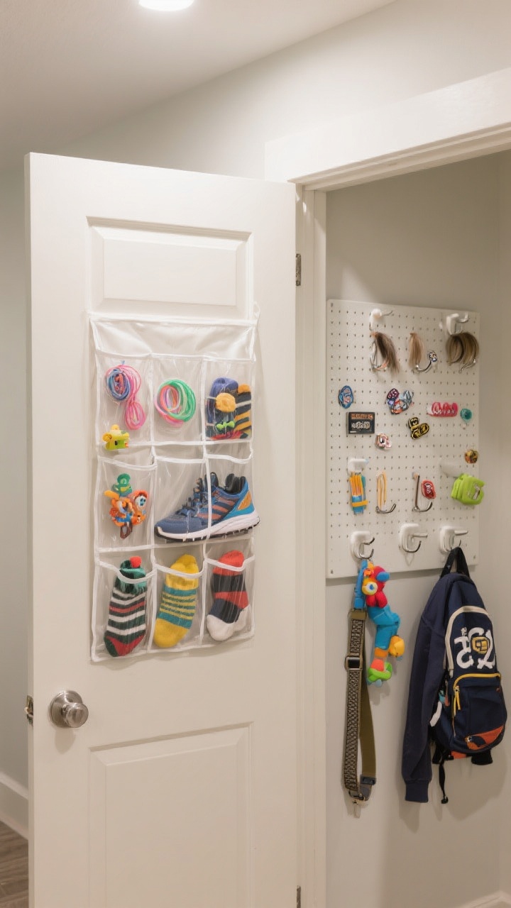 A close, angled view of a closet door and adjacent wall used vertically: an over-the-door clear-pocket organizer holding shoes, socks, hair ties, and tiny toys; Command hooks at kid height with a backpack, belt, and hoodie; a small pegboard panel with magnetic strip displaying hair clips and sports pins. Neutral door, pops of color from items, crisp artificial overhead lighting for clarity.