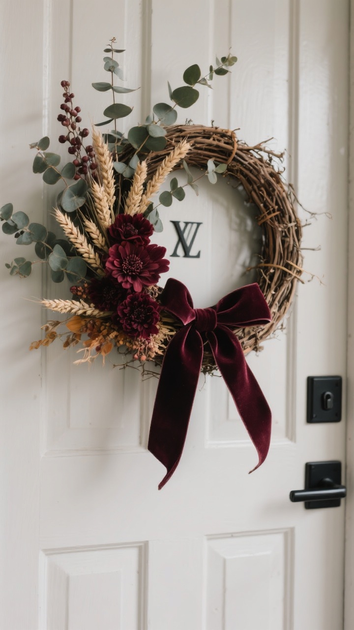 A close, front-facing shot of a distinctive fall wreath on a door: a grapevine base styled asymmetrically with dried eucalyptus, wheat stalks, and deep burgundy florals; a rich velvet ribbon in a moody tone tied with a trailing tail; a subtle monogram initial accent; matte black door hardware for contrast; shallow depth of field emphasizing the wreath’s foraged, textural detail; overcast natural light for soft shadows.
