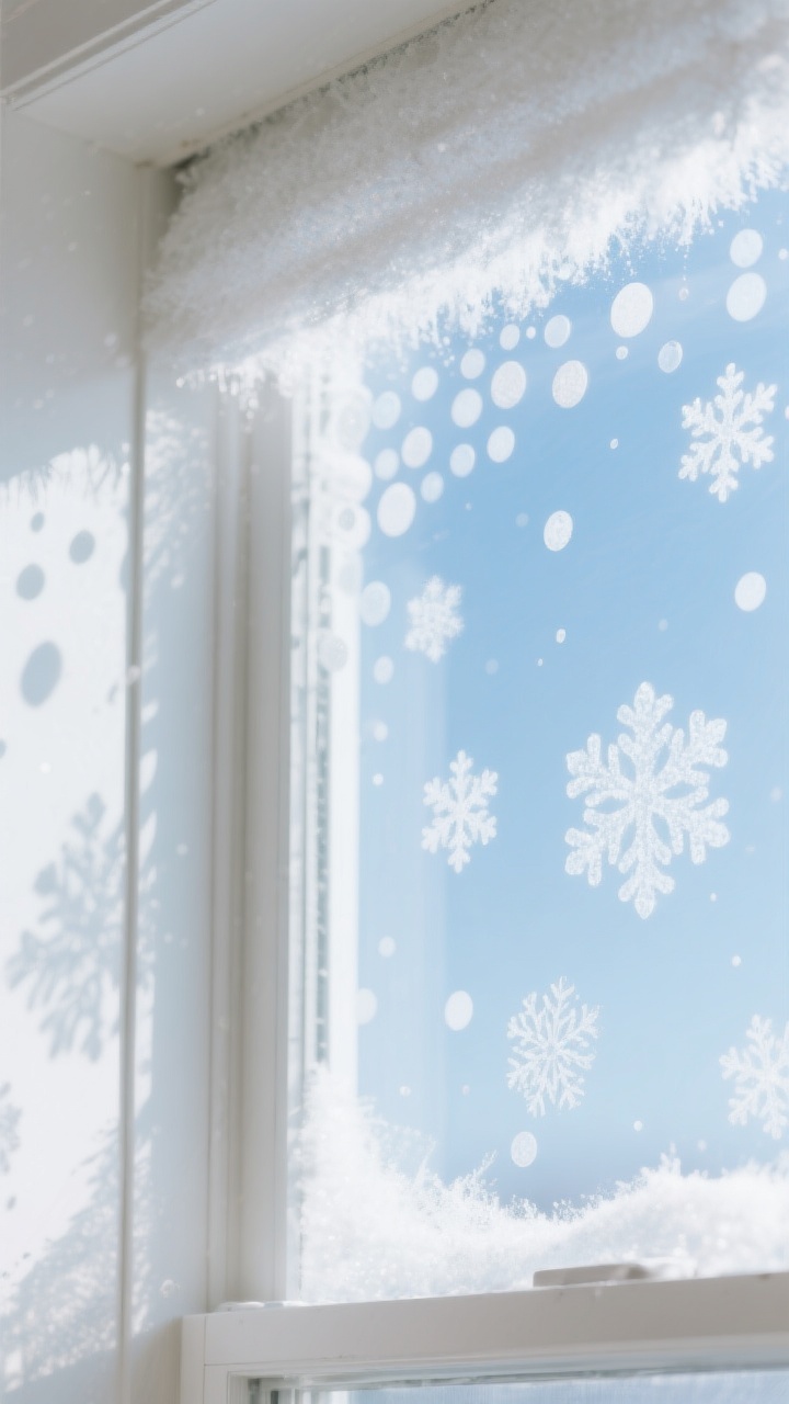 A closeup, angled shot of a bright window corner featuring layered frosted snowflake decals and falling dot clings in varied sizes clustered along the top and side, with a soft frost-spray border fading naturally at the edges. The decals are UV-resistant, with crisp, clean edges and no residue. Cool daylight streams through, highlighting the texture of the frosted gel clings for a mess-free, wintry look.