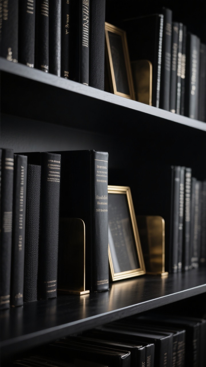 A closeup detail of a monochrome bookshelf vignette in black: all-black spines with varied heights and spine textures (linen, glossy, matte), accented by brass bookends and a slim gold picture frame; intentional negative space gaps left between groupings; moody, softly lit scene with subtle reflections on metal, rich texture emphasis, no people, photorealistic.