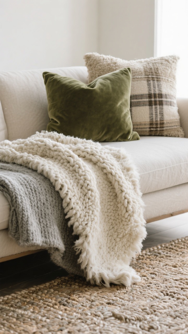 A closeup detail of layered winter textiles on a sofa: faux fur throw in cream, chunky knit blanket in soft gray, sage velvet pillow, boucle lumbar in oatmeal, and a subtle plaid pillow; a folded sheepskin layered over a larger woven rug beneath; tight, curated palette of neutrals and sage; soft natural side light to highlight textures; no clutter, photorealistic fabric weave and pile