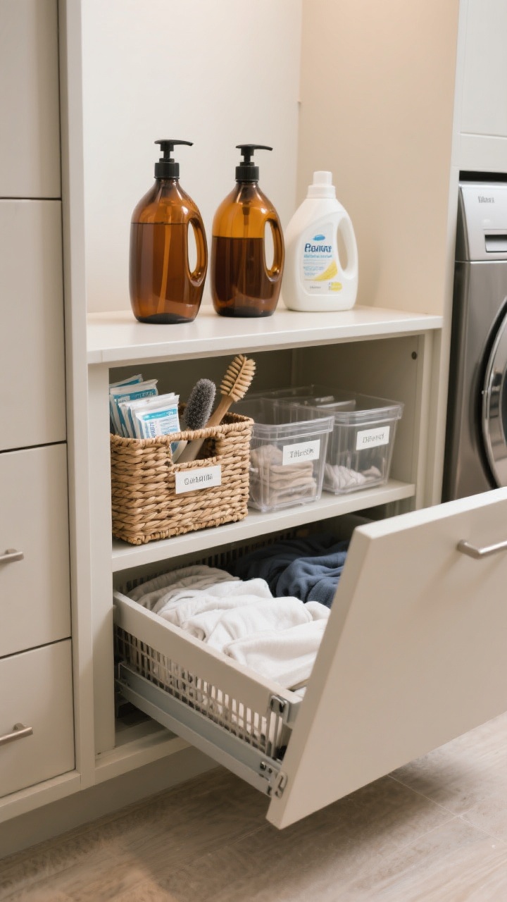 A closeup detail shot of stylish concealed storage: amber glass bottles with pumps decanting detergent and softener on a shallow shelf, woven baskets holding dryer sheets and lint brushes, clear labeled bins for extras, and a tilt-out hamper front slightly ajar revealing neatly sorted laundry; soft, even lighting and a cohesive neutral palette that feels calm and organized.