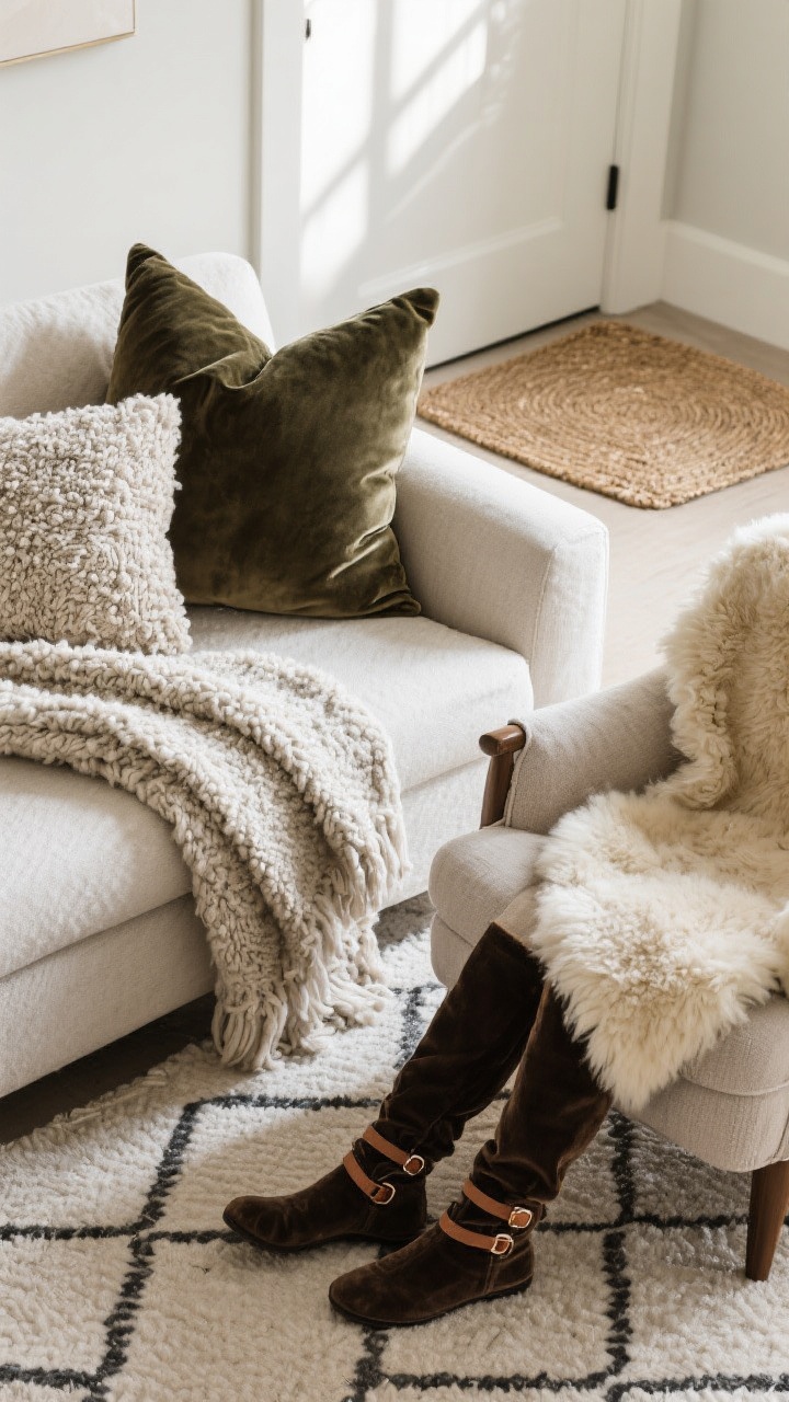 A closeup detail shot of winter-ready texture swaps on a sofa and chair: velvet and boucle pillow covers in a restrained palette, a chunky wool throw draped over the sofa, and a faux-shearling casually layered over an accent chair; in the periphery, a coir or jute doormat with a clean geometric pattern and linen/velvet stockings with leather loops; soft natural light emphasizing the tactile richness.