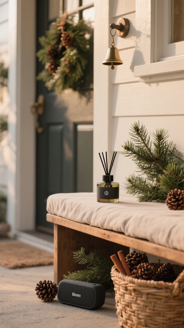 A closeup, low-angle vignette capturing multisensory touches: a discreet fir-scented diffuser tucked beneath a porch bench, a small Bluetooth speaker hidden under cover playing softly (not visible branding), and a basket of cinnamon-scented pinecones beside the bench. A tiny bell cluster hangs from the doorknob. Natural evergreen clippings nearby for real fragrance. Gentle warm lighting keeps the mood subtle and festive.