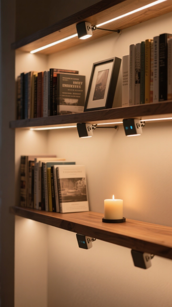 A closeup of mood-lit shelves at dusk: rechargeable clip-on picture lights casting warm white illumination on a row of books, subtle LED strip lights under the shelf creating a soft modern glow, and a small flameless candle on a lower shelf adding warmth; wood shelves against a matte wall, color temperature clearly warm (no cool white), boutique-like ambiance, no people, photorealistic.