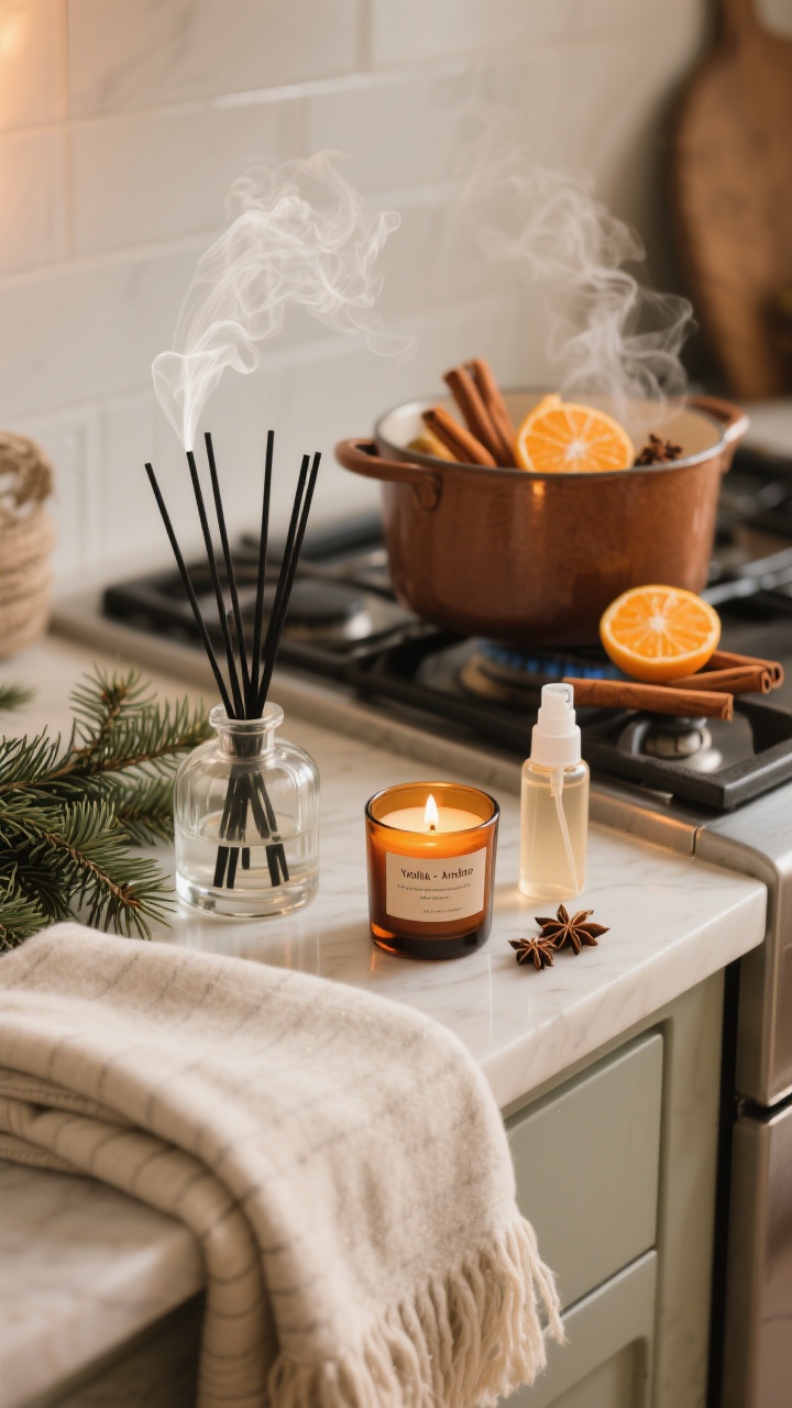 A closeup scene that visualizes layered holiday scent elements: a minimalist glass diffuser emitting a gentle mist beside cedar and balsam sprigs, a single amber-glass candle labeled vanilla-amber ready for evening lighting, a neatly folded throw with a fine-mist linen spray bottle nearby, and a back-of-stove pot with orange peels, cinnamon sticks, and star anise; warm, intimate lighting and subtle steam detail, no people