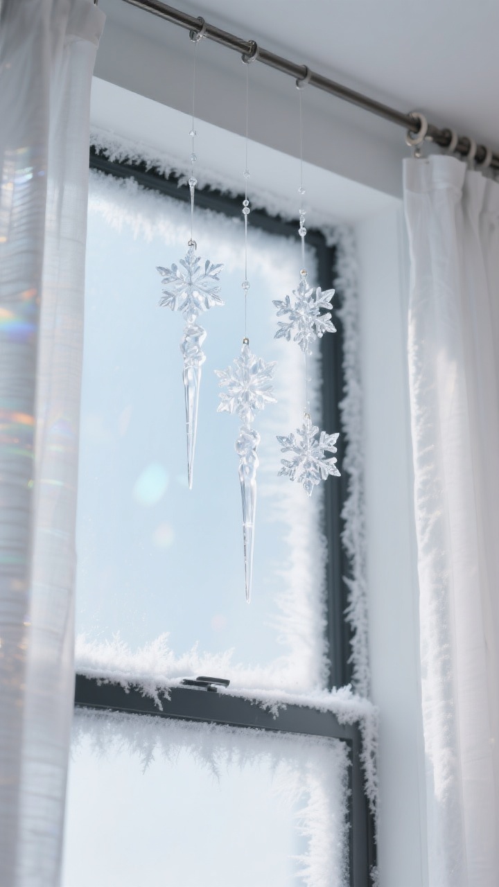 A closeup, slightly upward angle of a contemporary window with softly faded frost-spray edging, achieved by masked borders and a light mist for an authentic gradient. From the curtain rod hang clusters of clear acrylic icicle ornaments in groups of three at varied lengths, mixed with a few clear snowflake crystals for extra sparkle. Cool winter daylight creates prismatic highlights for a minimal, wintry-glam vibe.