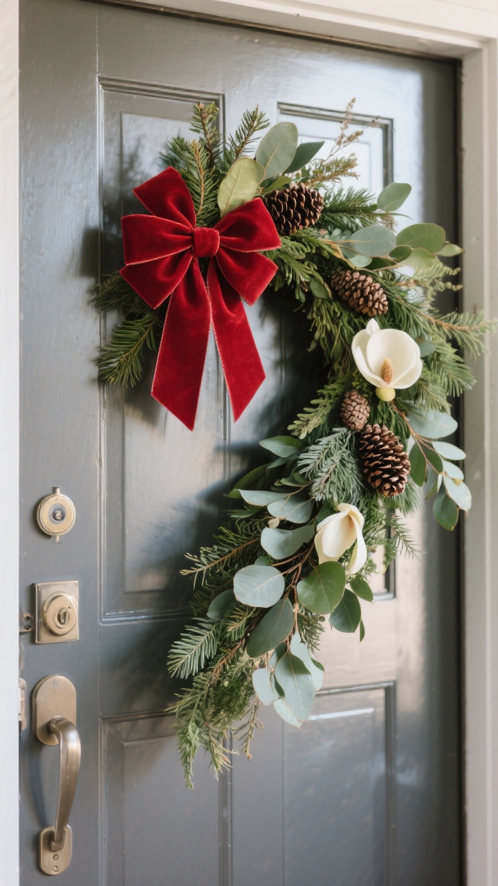 A closeup, straight-on detail of a front door styled as the focal point: a lush asymmetrical wreath draped along the top and cascading down one side of the door frame, mixing cedar, eucalyptus, glossy magnolia leaves, and pinecones. A single oversized velvet ribbon bow in a bold ruby red anchors the design. Show a magnetic wreath hanger on a metal door for realism. Soft natural daylight emphasizes mixed textures and rich greens.