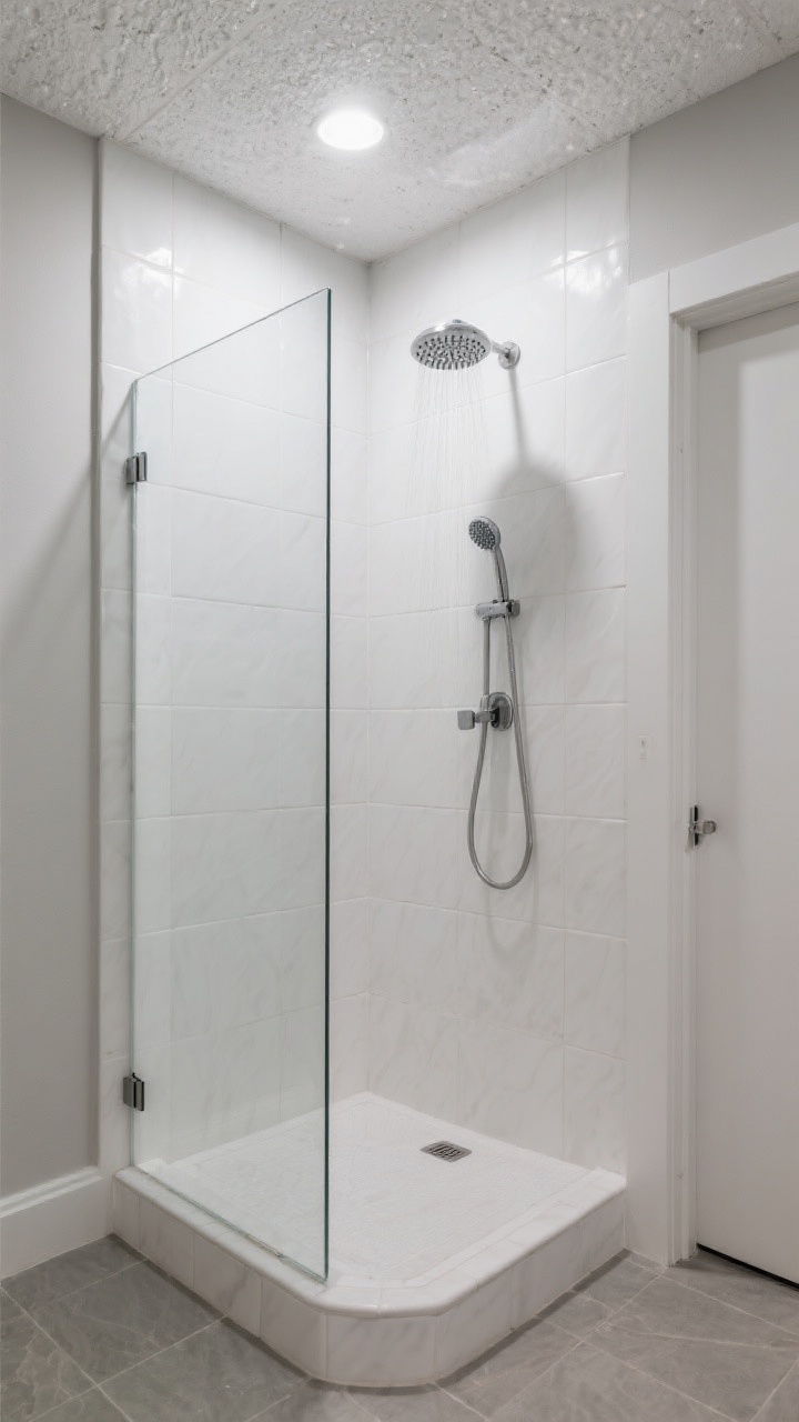 A corner-angle medium shot of a low-ceiling basement walk-in shower with a single frameless glass panel and tile running to the ceiling. Include a ceiling-mounted rain shower head and a separate wall-mounted handheld. The entry has a curbless transition if feasible (or a very low-profile curb), and the door solution is a slim sliding or pivot panel to save space. Clean, airy, and uncluttered.
