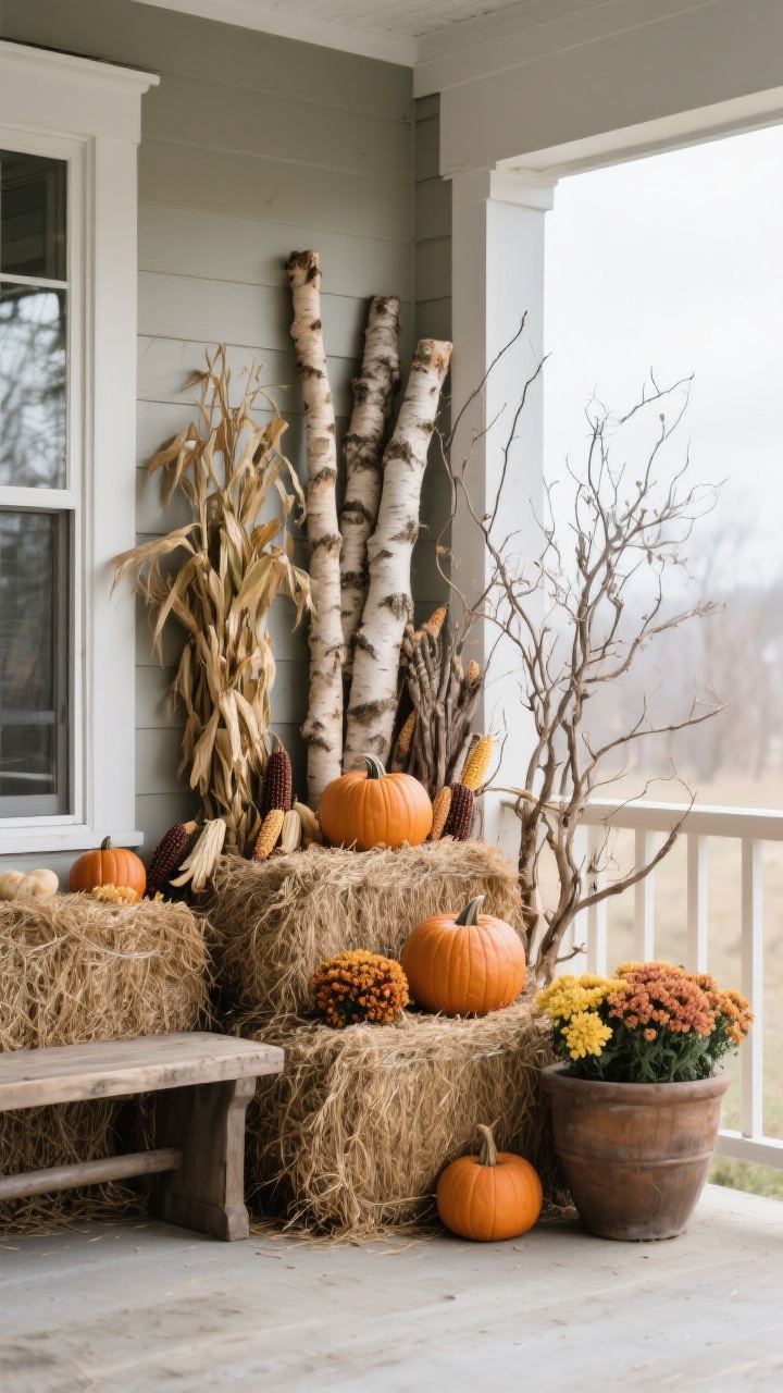 A corner-angled, rustic chic porch composition mixing natural elements: hay bales, corn stalks, birch logs, and dried branches layered with an organic, collected feel; built back-to-front with tall elements behind, medium in the middle, and smaller items (pumpkins, mums) in front; slight asymmetry to avoid looking staged; anchored by a sturdy bench or large planter; soft, overcast daylight accentuating natural textures.