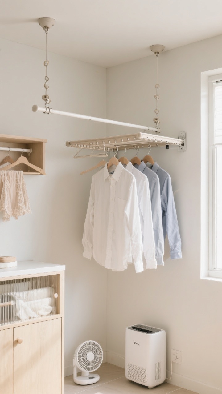 A corner medium shot of a dedicated drying zone: a wall-mounted accordion rack extended with shirts hanging, a ceiling-mounted pulley drying rack above for extra space, and a simple rod installed beneath a cabinet holding delicate hang-dry items; a compact dehumidifier and a small fan tucked nearby; clean, airy vibe with practical, space-saving solutions and bright, natural-feeling light.