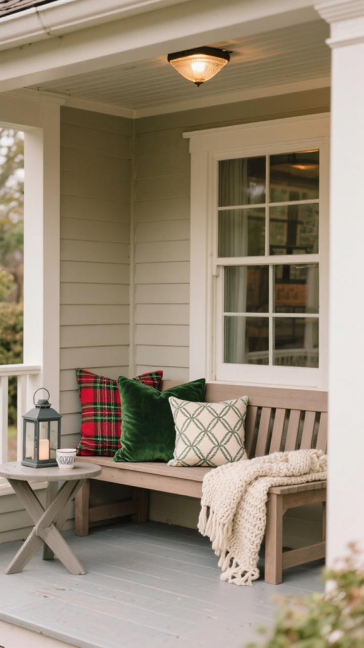 A cozy medium shot of a small seating nook on the porch: a weatherproof wooden bench with outdoor-safe pillows layered—a classic red-and-green plaid, a solid forest green velvet, and a small-scale geometric print in cream—plus a chunky knit throw draped over the arm. A compact outdoor side table holds a lantern and space for a mug. Overhead porch light provides warm illumination; materials look fade- and mildew-resistant.