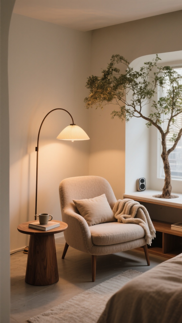 A cozy nook wide shot designed for conversation: a plush upholstered chair angled toward a softly glowing tree, a small round wood side table holding a mug and a closed book, an arched floor lamp casting warm diffused 2700K light over the chair, a single lumbar pillow and a folded plush throw draped over the arm, and a discreet small speaker on a lower shelf; intimate, inviting composition that feels intentional even in a compact space