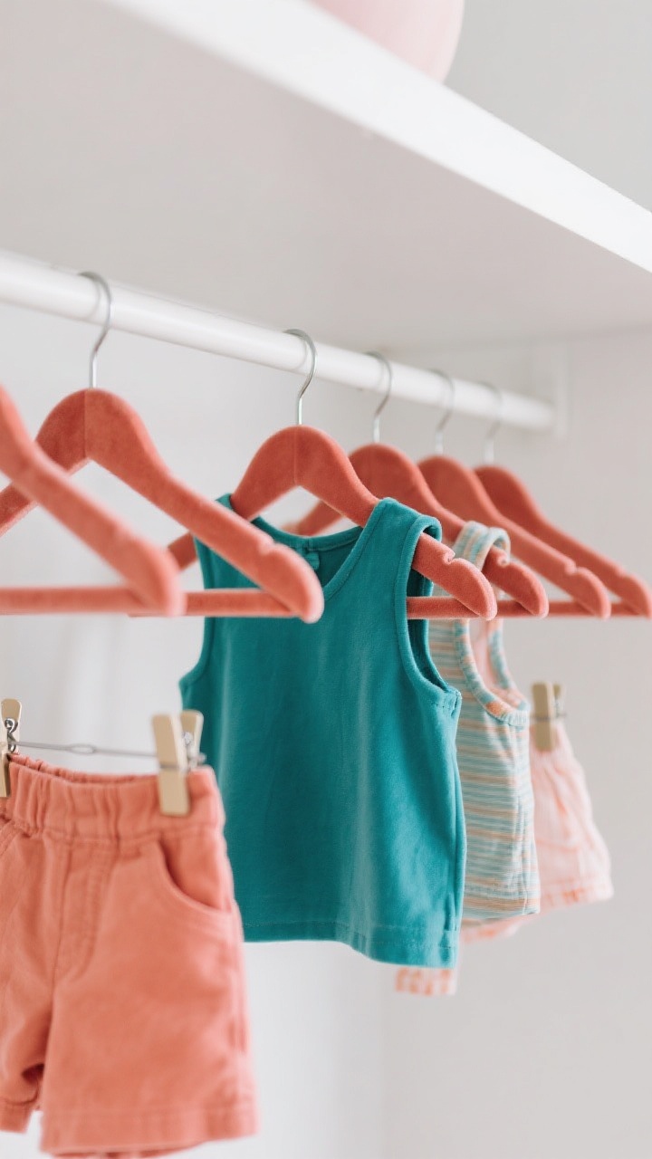 A detail closeup of a row of slim, velvet kids’ hangers in two distinct colors (e.g., teal for tops, coral for bottoms) hanging at a uniform height. Include a few clip hangers holding skirts/shorts and one outfit hung together on a single hanger. Soft, even closet lighting highlights the velvety texture and the tight spacing that creates extra room; background is a clean white shelf edge.