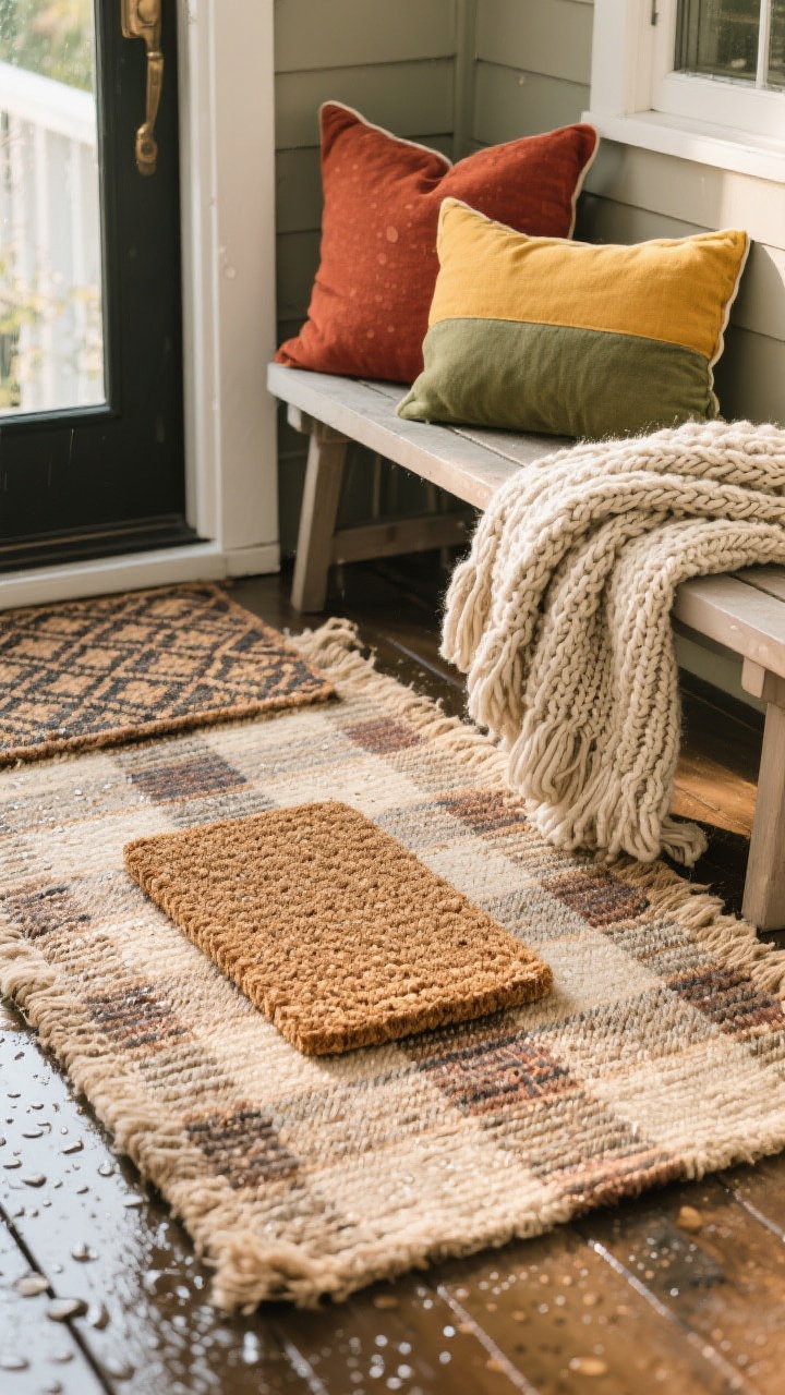 A detail closeup of layered cozy textiles at a porch threshold: a large jute or plaid outdoor rug as the base with a smaller patterned coir doormat centered on top; durable outdoor pillow covers in rust, mustard, and olive on a nearby bench; a chunky knit throw draped over the bench arm; soft natural afternoon light highlighting the weave and fabric textures; visible raindrop speckles on the deck hinting outdoor-safe, washable materials.