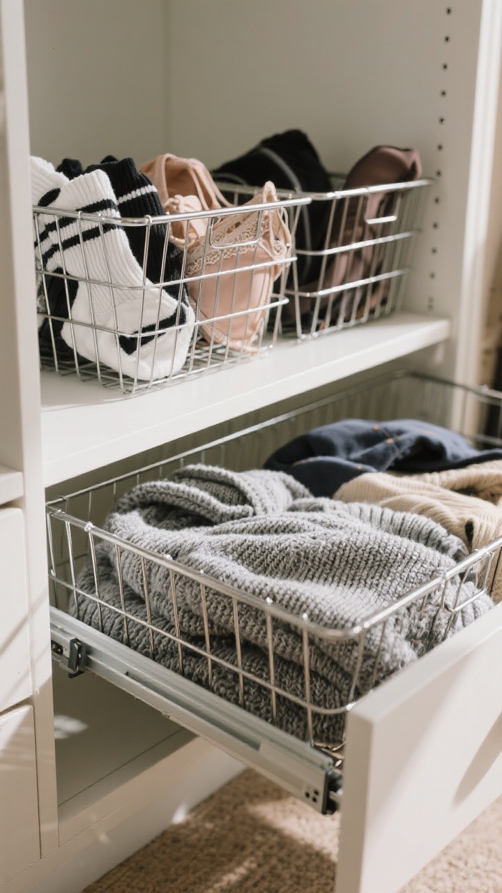 A detail closeup of pull-out wire baskets installed in the bottom half of a closet unit. Top shallow baskets contain sorted socks, underwear, and tights; deeper lower baskets hold bulky sweaters and hoodies. Include visible soft-close runners on the sides. Gentle side lighting creates shadows through the wire, making contents easy to see; textures of knits are crisp.