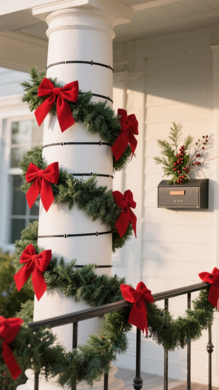 A detail-focused angled shot of architectural wrapping: thick, fluffed faux garland spiraled around a white column and swagged along a railing, secured with discreet black zip ties hidden under ribbon. Evenly spaced red bows provide a tailored finish. In the background, a mailbox features a mini arrangement of greenery and berries attached with floral wire. Soft afternoon light highlights fullness and texture.