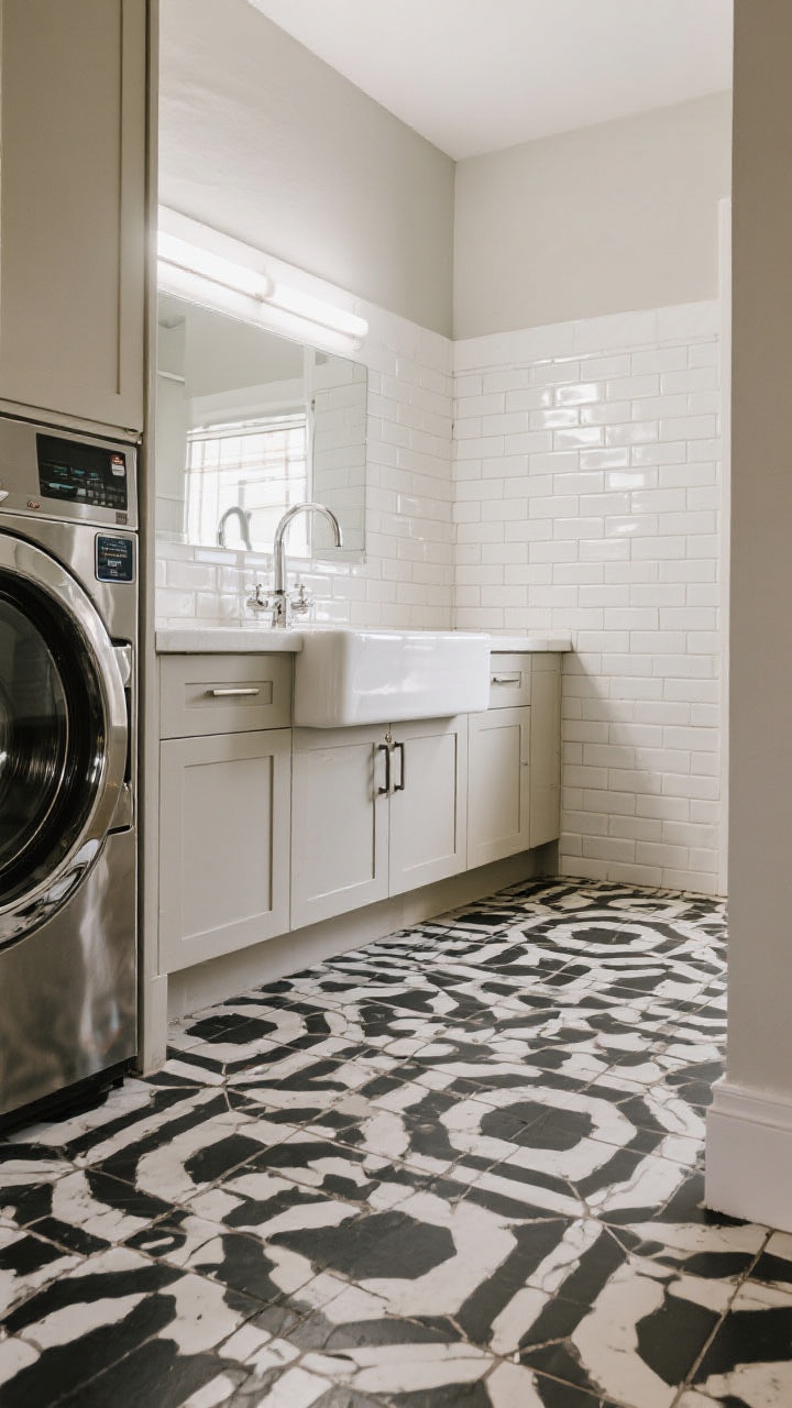 A detail-focused, angled shot of bold tile in a laundry room: graphic black-and-white cement floor tiles delivering boutique-hotel energy, paired with a glossy white subway tile backsplash behind the sink for easy wipe-downs; neutral cabinetry and walls recede so the patterned floor and reflective backsplash are the stars; soft, bright lighting accentuates pattern and sheen.