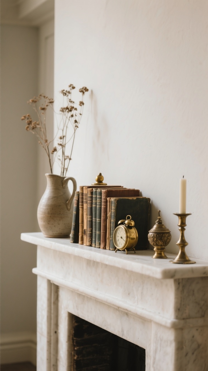 A detail-level, three-quarter angle shot of a mantle styled with found objects and balanced asymmetry: on the left, a tall ceramic pitcher with dried stems; on the right, a wider grouping of vintage books with a small brass object and a candle. Use the rule of threes—short, medium, tall objects—and leave negative space between clusters. Repeat brass three times (small clock, candlestick, trinket) for cohesion. Soft, diffused natural light; photorealistic, no people.
