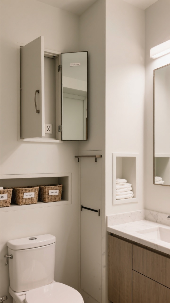 A detail-rich closeup of sneaky storage: a recessed medicine cabinet hidden behind a stylish mirror (door slightly open revealing an interior outlet), a slim over-the-toilet shelf with clean lines, and a tall, shallow-depth linen cabinet tucked into a dead corner. Include built-in niches by the vanity with labeled bins and baskets for tidy organization. Soft, focused lighting.