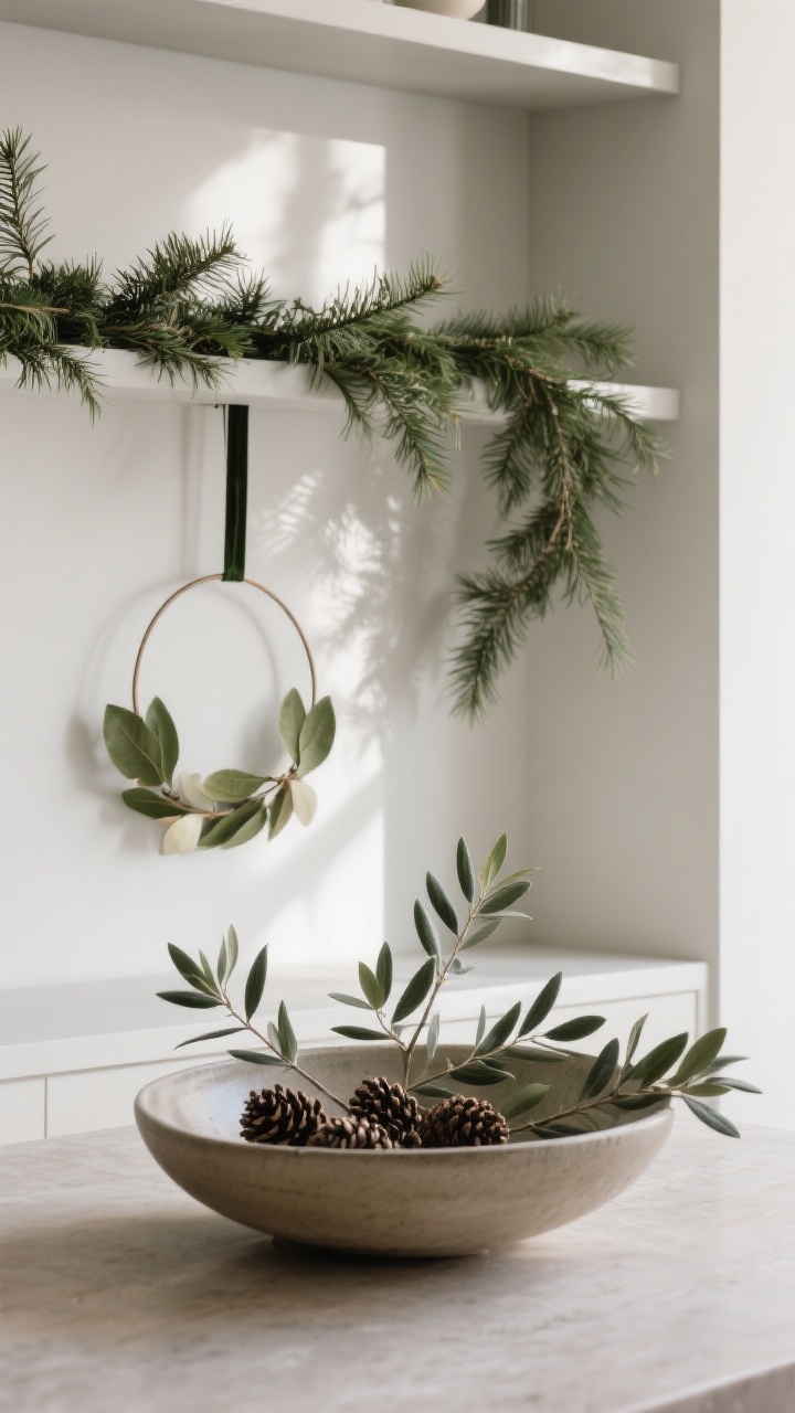 A detail shot from a side angle of modern greenery brought indoors: a thin, loose cedar garland draped across open shelving with no ornaments, a large ceramic bowl filled with clipped olive branches and pinecones as a minimalist centerpiece, and a simple magnolia-leaf wreath hung by a thin velvet ribbon; soft daylight with gentle shadows for an organic, sculptural feel.