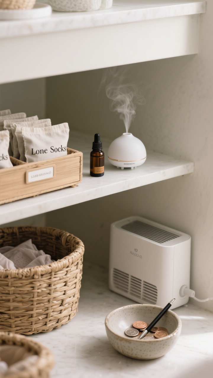 A detail shot of scent and freshness station: a small essential oil diffuser emitting a gentle wisp near neatly labeled baskets, sachet drawer liners partially visible in a basket of delicates, and a compact dehumidifier tucked under a shelf; nearby are a “Lone Socks” basket and a ceramic bowl holding coins and a stray pen; crisp, clean lighting with a serene, spa-like mood; close, eye-level framing.