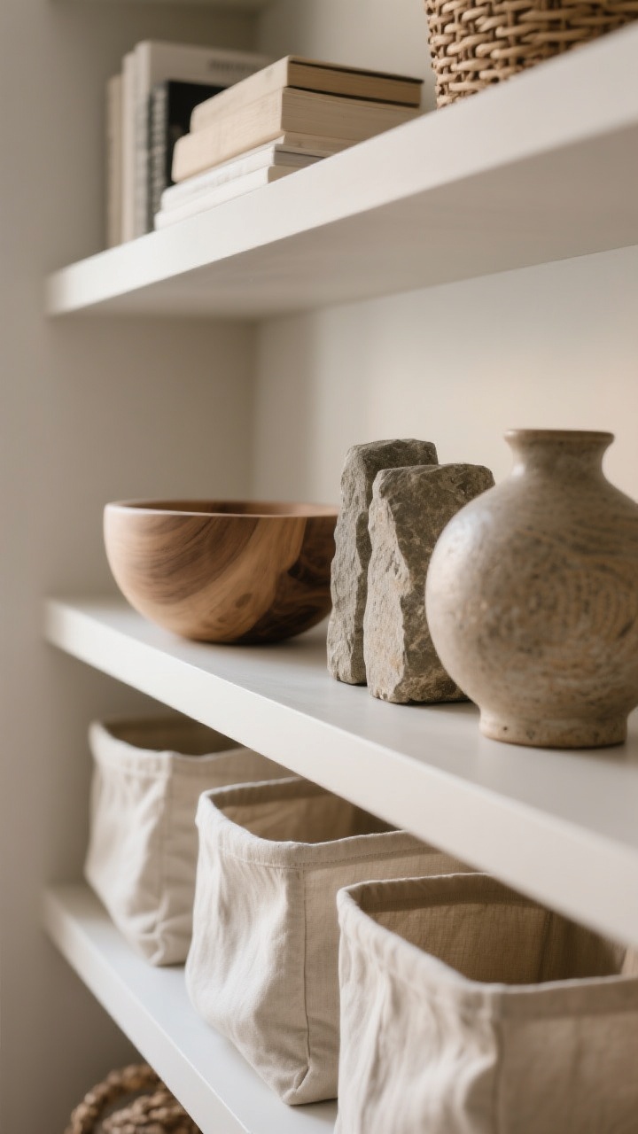 A detailed closeup focusing on texture: a woven basket partially tucked on a lower shelf, linen or canvas bins on a middle shelf, and natural accents like a smooth wood bowl, rough stone bookends, and a handmade ceramic vase; show the tactile contrast of smooth and rough finishes under soft side lighting; neutral, Scandinavian-inspired palette, no people, photorealistic.