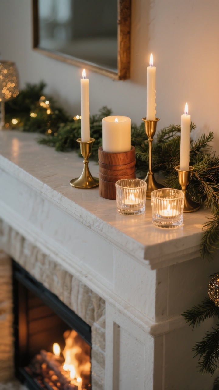 A detailed closeup of a candle vignette on a mantle showing varied heights and textures: tall LED taper candles in brass holders, medium ivory pillar candles in warm wood stands, and low tea lights in clear glass cups. Place LED tapers near a trailing garland edge for safety. The firebox glows softly out of focus below, giving a moody, layered glow. Emphasize warm, golden light on metal, glass sparkle, and wax texture; keep greenery at least 12 inches from open flame; photorealistic, no people.
