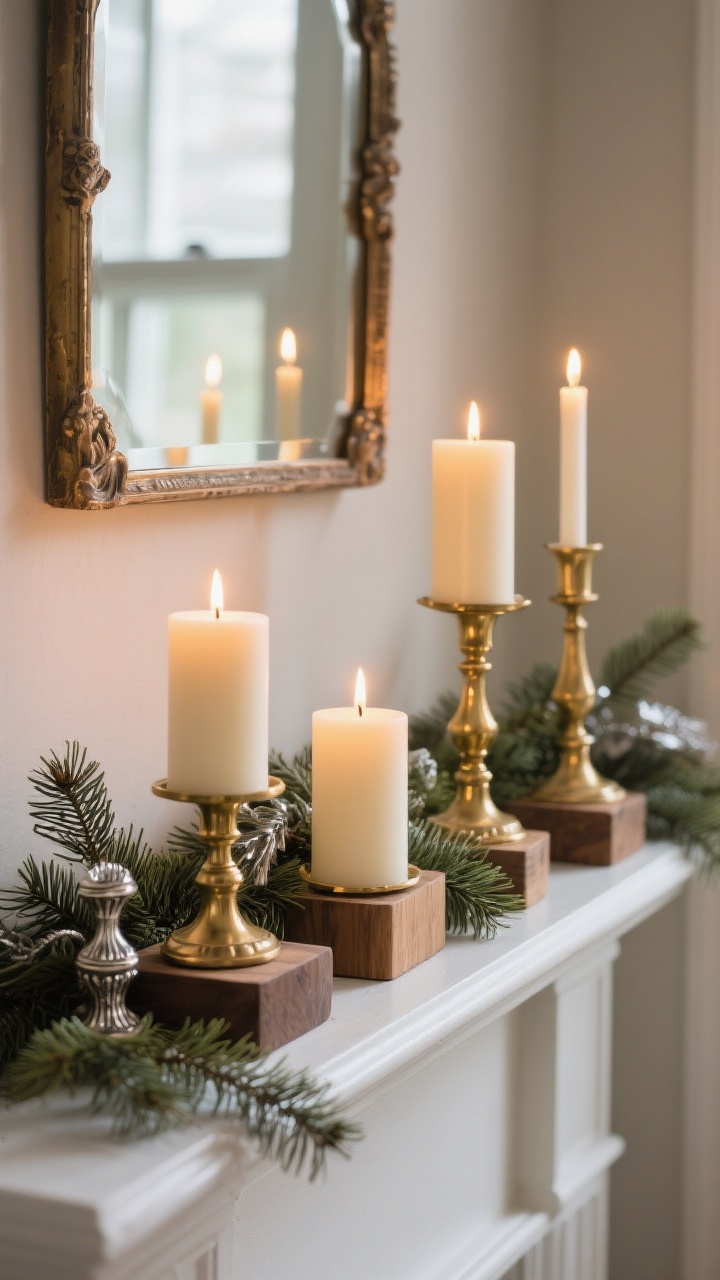 A detailed closeup of a window ledge styled with LED taper candles in brass holders and flameless pillar candles on small wooden risers, creating layered heights. Cedar sprigs and faux pine are tucked around the bases, with antique silver accents interspersed. Golden candlelight reflects softly, and in the background a wall mirror subtly doubles the glow, evoking old-world coziness without visible flames or wax.