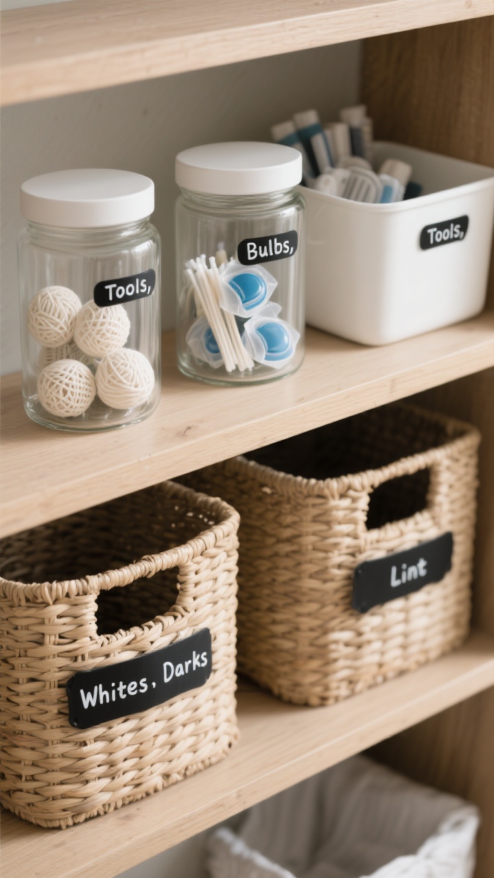 A detailed closeup of an organized shelving cubby: clear glass jars filled with detergent pods, dryer balls, and stain sticks; lidded matte-white bins labeled “Tools,” “Bulbs,” and “Lint”; matching woven baskets with simple black-on-white labels for Whites, Darks, Delicates; subdued, even lighting highlighting textures and labels; overhead, top-down shot on a light wood shelf.