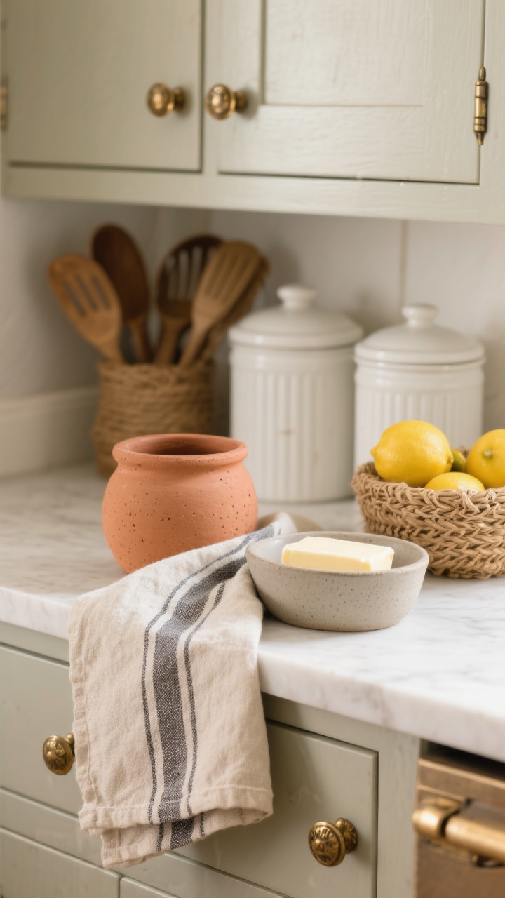 A detailed closeup of natural textures on a farmhouse counter vignette: a linen tea towel with a subtle stripe draped beside a terracotta utensil crock, a matte stoneware butter dish, and a woven jute fruit basket holding lemons. In the background, aged brass cabinet handles replace chrome, catching warm, soft light. The scene balances heavier textures with clean white canisters, keeping patterns minimal (single striped textile). Focus tightly on tactile surfaces—linen weave, terracotta pores, jute fibers—under gentle morning light.