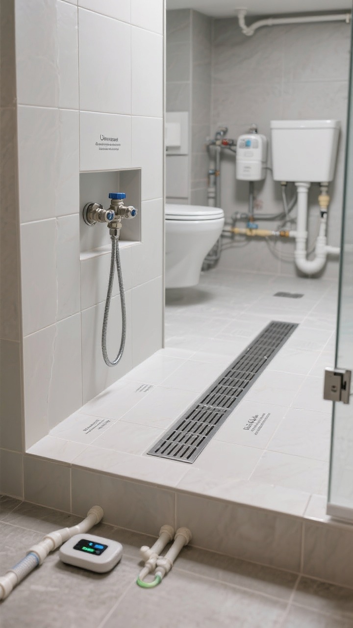 A detailed closeup of smart basement plumbing elements: a sleek shower pan with a linear drain integrated into large-format tile, clearly labeled shutoff valves accessible in a small recessed panel, and an electronic leak detector on the floor near supply lines. In the background, hint at an upflush toilet/macerator connection and proper venting (subtle AAV where code allows). Clean, technical, and photorealistic.