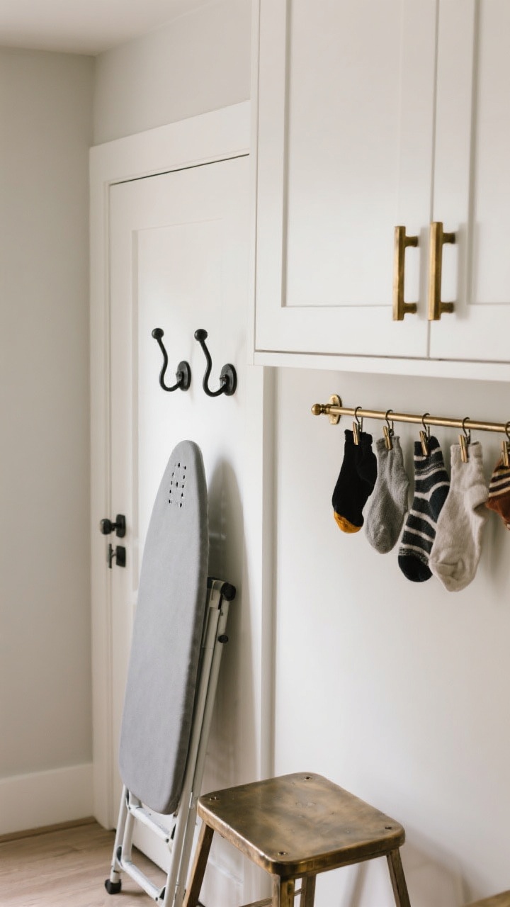 A detailed closeup of upgraded hardware and hooks: oversized brushed brass cabinet pulls on matte white cabinetry, a pair of matte black double hooks mounted on the back of a door holding a collapsible ironing board and step stool, and a magnetic clip rail with mismatched socks clipped in a tidy row; balanced mixed metals repeated; neutral wall backdrop; soft directional light emphasizing metal textures.