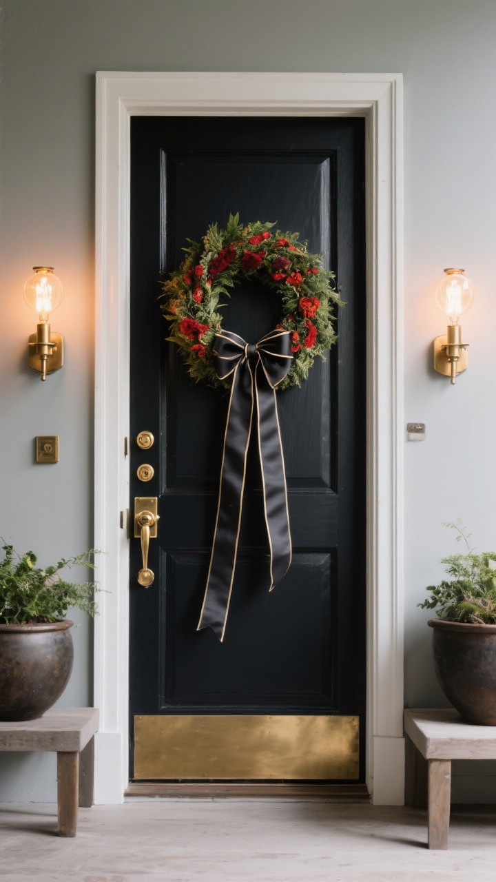 A dramatic door-focused portrait: a bold wreath coordinated with the door color, a polished brass or blackened metal door knocker, and a long ribbon tail draping neatly to the doorknob; symmetry with two matching planters—or a single oversized planter balanced by a low bench; warm Edison bulbs in the sconces creating a flattering door glow; clean, gleaming hardware against matte paint.
