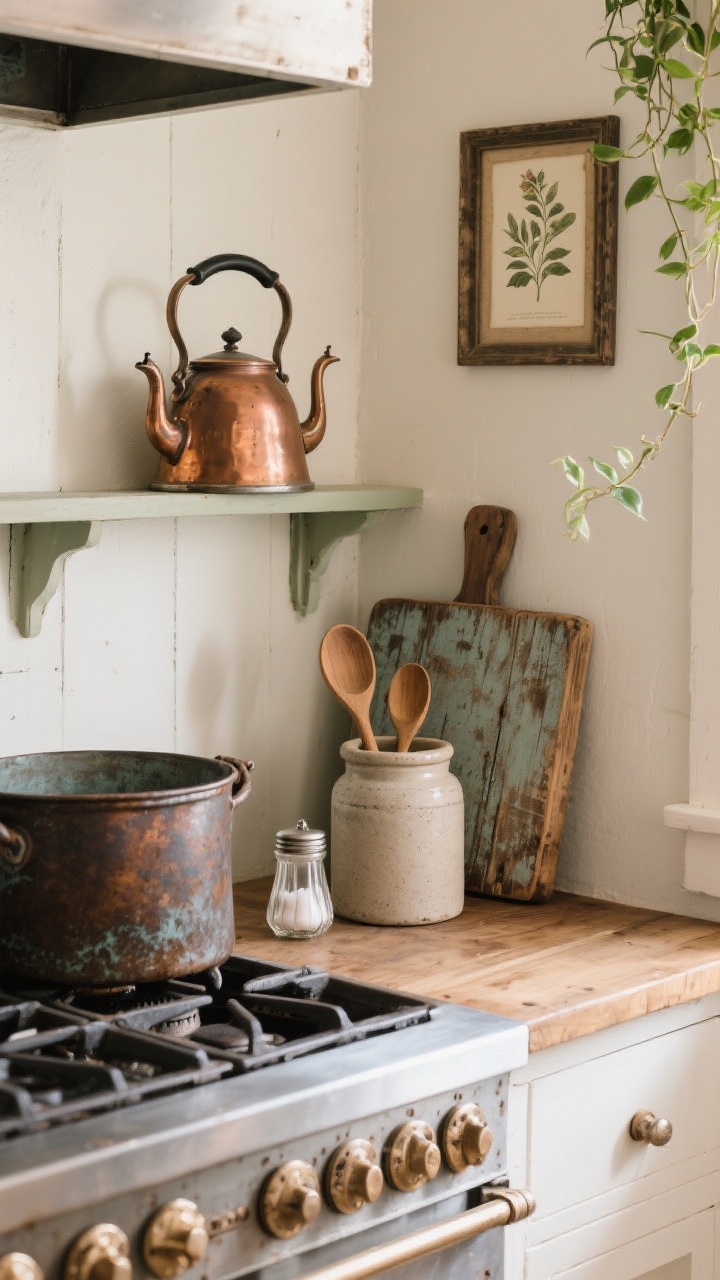 A medium corner angle of a curated vintage zone by the stove: a small vintage salt cellar, a wooden spoon jar set in a stoneware crock, and a weathered cutting board layered behind a cast-iron pot. Include one statement metal piece—an aged copper kettle—plus a narrow wall shelf above with a small framed botanical print and a trailing plant. The palette leans classic American farmhouse with warm wood and galvanized accents, carefully edited to avoid clutter. Soft natural light highlights patina and worn edges.