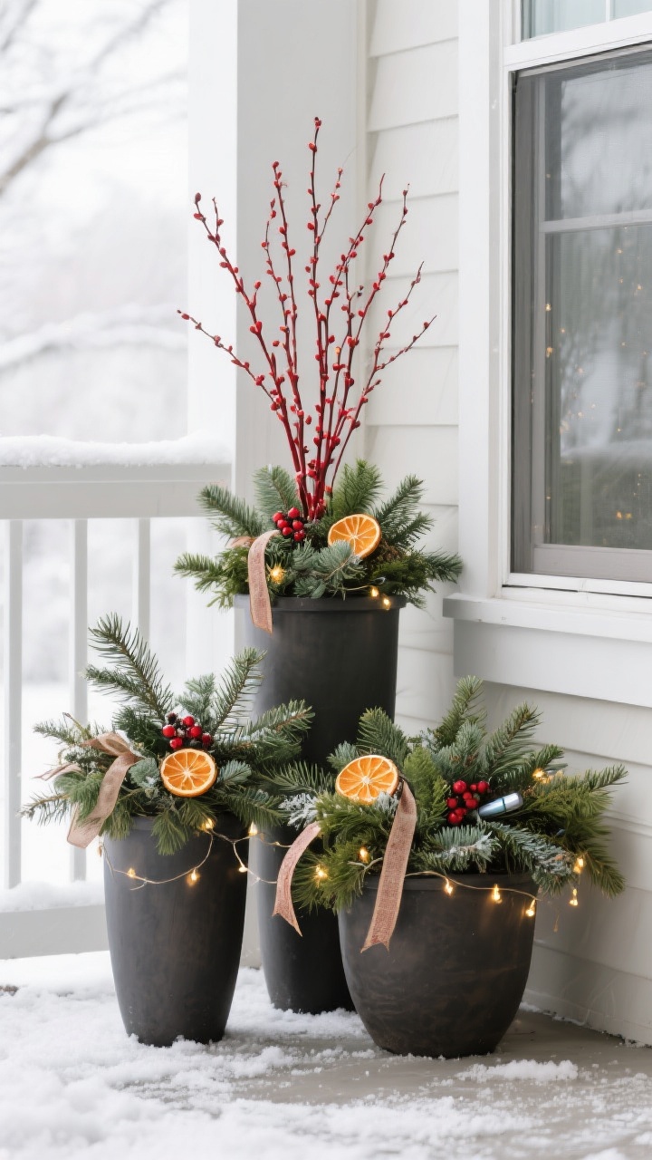 A medium corner-angle shot of a planter trio on a winter porch: one tall, one medium, one low planter clustered together, each filled with a base of spruce, cedar, and juniper clippings. Red twig dogwood adds vertical lines, dried orange slices and battery fairy lights add pops of color and sparkle. A touch of winterberries and ribbon tails tie it together. Overcast daylight for crisp greens and natural color contrast.