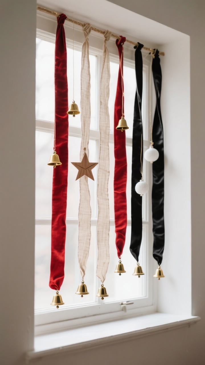 A medium, corner-angle shot of a window with ribbon cascades: three to five strands hung from the top at varied lengths. Three colorways shown across separate panes—red velvet ribbons with gold bells (traditional), natural linen ribbons with wooden star ornaments (Scandi), and black satin ribbons with matte white ornaments (modern). Subtle jingle bells at the ends; clean, minimal arrangement against a neutral wall for a charming, affordable look.