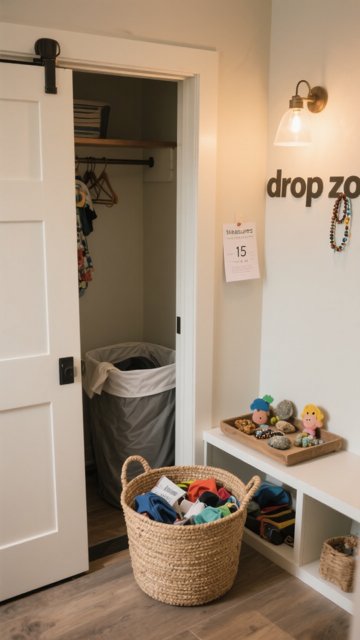 A medium corner shot at the closet entry showing a realistic “drop zone”: a wide, shallow woven drop bin with miscellaneous items tossed in, a laundry hamper tucked inside the closet, and a small tray on a low shelf holding kid “treasures” like rocks and bracelets. Include a discreet note or timer card for a weekly 15-minute reset. Warm ambient light for a lived-in, approachable feel.