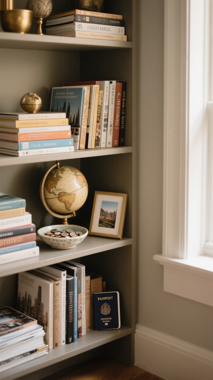 A medium corner shot of a themed bookshelf section: a travel nook with stacked city guides, a tiny vintage globe, a ceramic dish of collected coins, a small framed trip photo, and a passport-sized notebook; muted earthy tones with hints of brass, layered objects tell a story; cozy, nostalgic mood with soft window light from the side, no people, photorealistic.