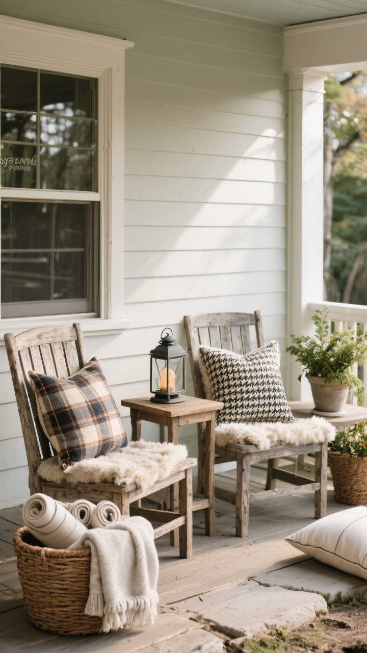 A medium, inviting seating setup that says “stay awhile”: two weathered wood chairs (or a sturdy bench) with seasonal pillows in plaid, herringbone, and faux shearling; a small side table topped with a lantern and a potted plant; a basket holding rolled blankets; outdoor cushions with quick-dry foam implied by slight texture; even daylight, relaxed atmosphere, and leveled furniture on a slightly uneven porch floor.
