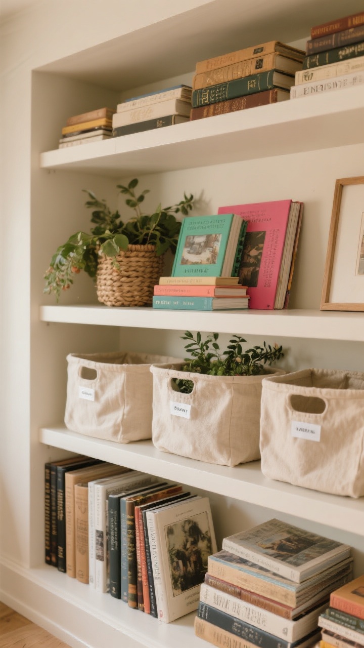 A medium shot highlighting functional styling: zones by use with everyday reads at eye level, heavy art books on the lower shelf, sentimental or rare pieces higher up; subtle labels on linen baskets (tiny clear-tape label maker style) for organization; a hint of seasonal rotation via fresh greenery and a color-accented book cover; practical yet pretty, warm neutral lighting, no people, photorealistic.