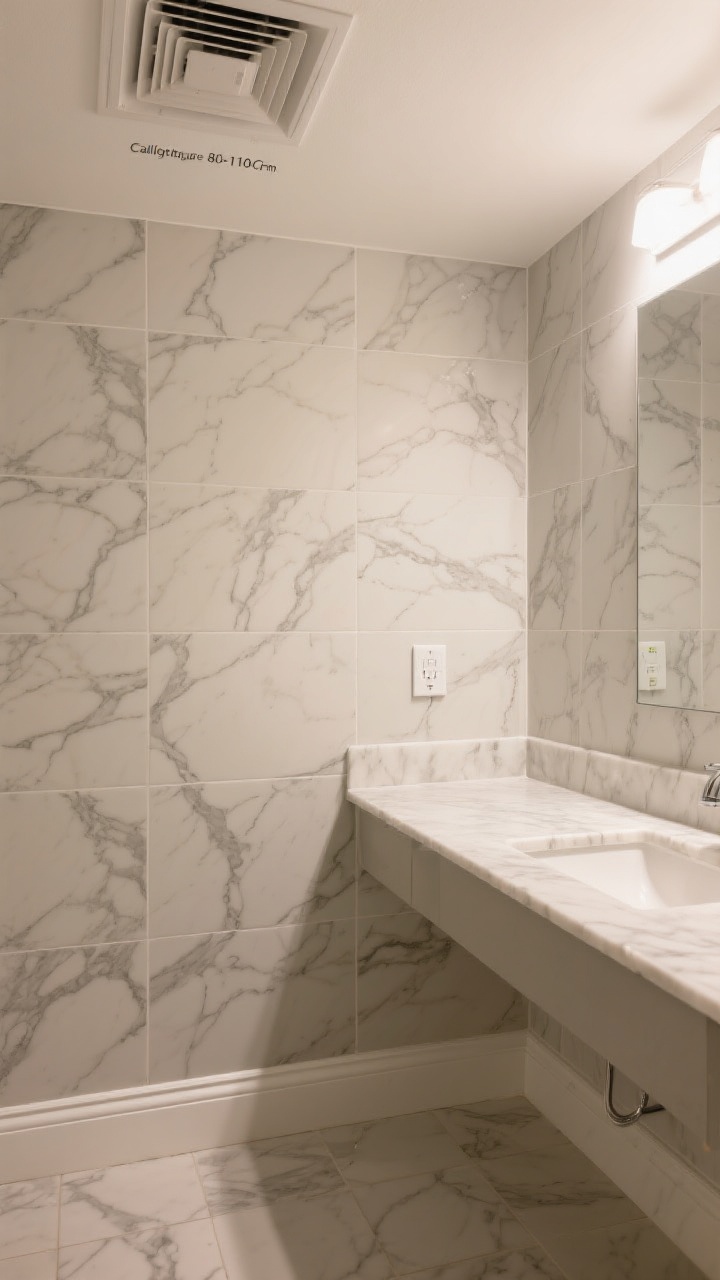 A medium shot of a basement bath vanity wall showcasing moisture-proof finishes: porcelain stone-look tile on walls, matching porcelain or ceramic on the floor, a quartz or solid-surface countertop mimicking marble veining, and crisp white PVC/composite baseboards. Include a discreet high-quality bath fan grille on the ceiling (callout 80–110 CFM feel), with a timer switch near the vanity. Lighting is warm and clean.