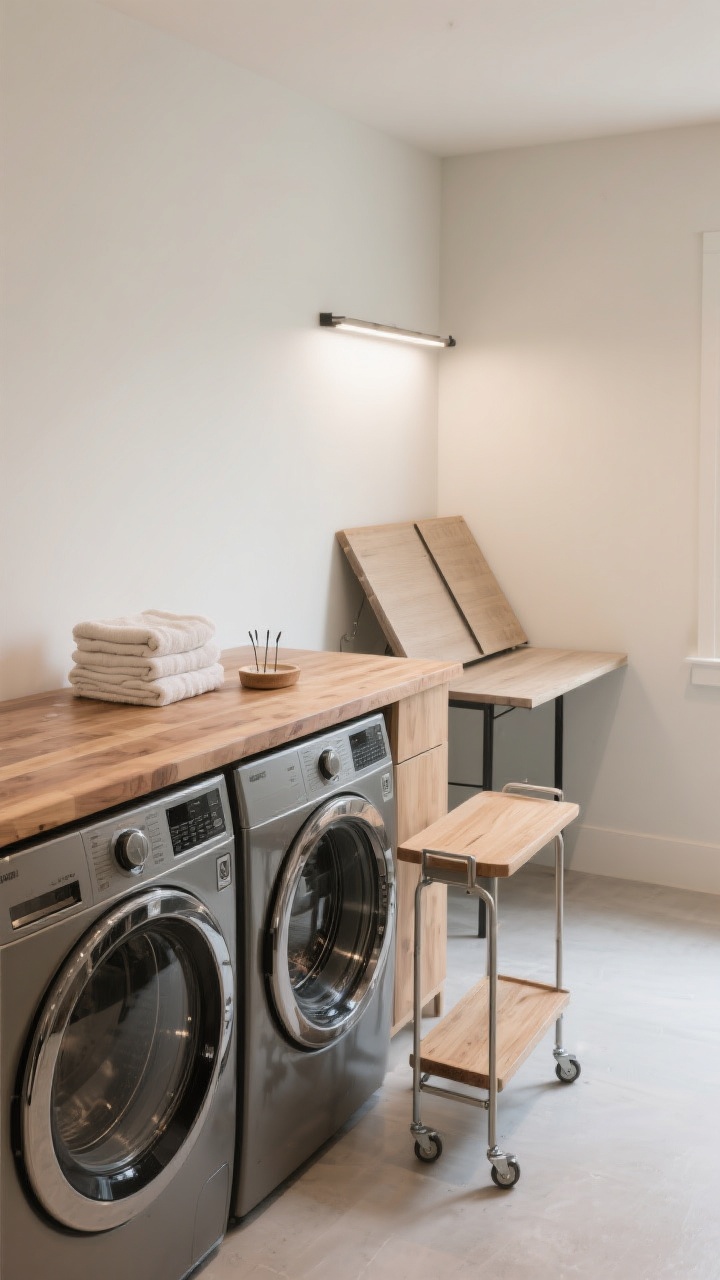 A medium shot of a butcher-block counter spanning over front-load washer and dryer, sealed for water resistance; the surface styled with a neatly folded stack of towels and a small tray for pins; beside the machines, a slim rolling cart pulled out and topped as a folding station; wall-mounted drop-leaf table folded down nearby; neutral, bright task lighting; straight-on view emphasizing the functional folding surface.